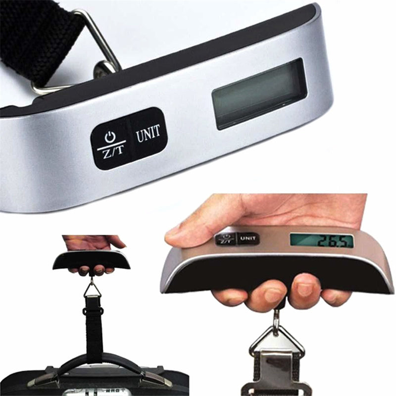 Digital luggage scale with a hand holding it, showing its use.