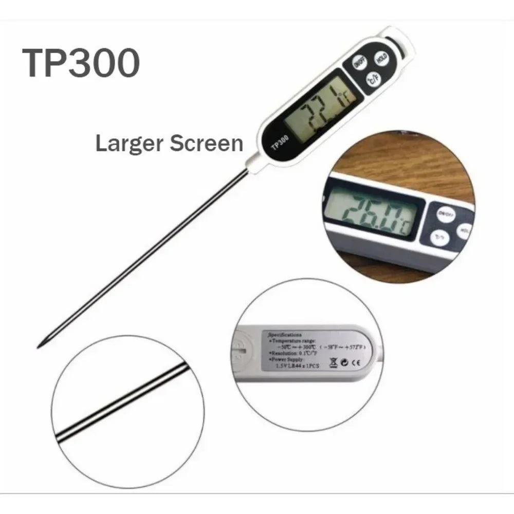 Digital thermometer TP300 with larger screen and detailed features on a white background