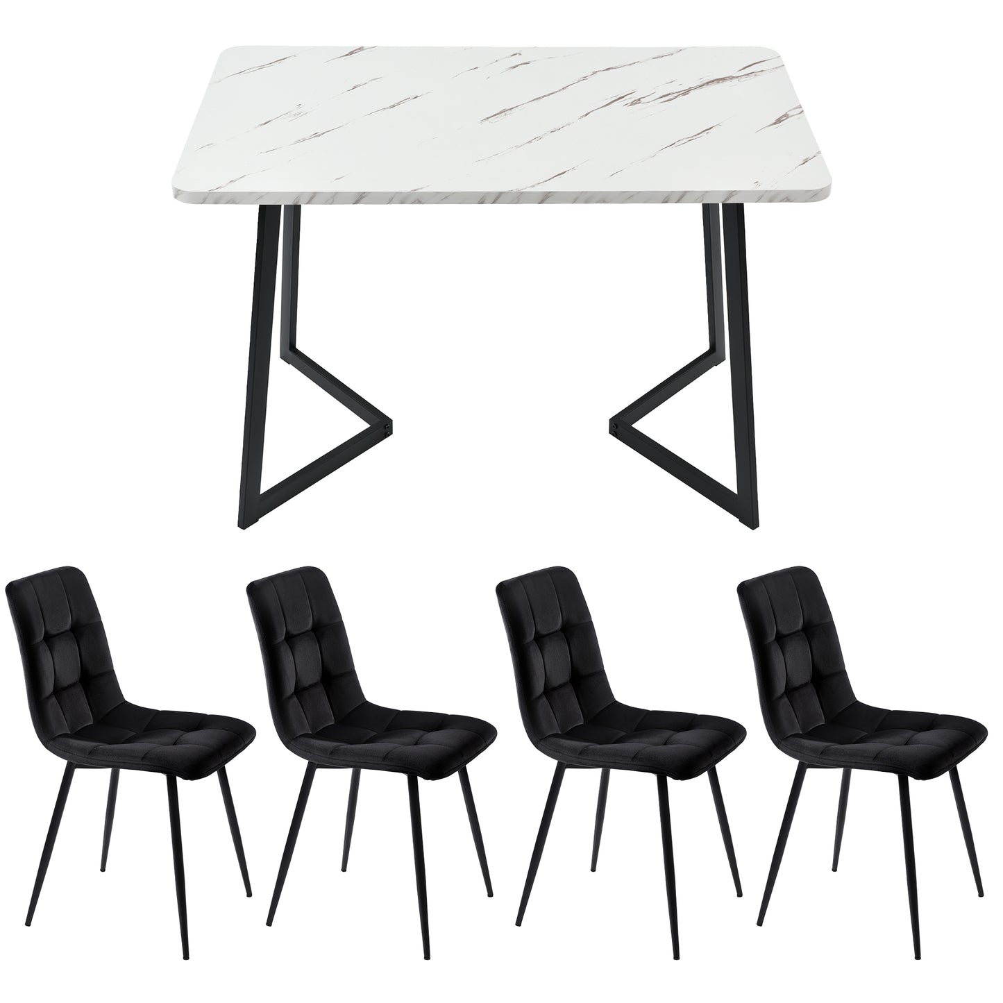 Dining set with marble table and black chairs on a white background