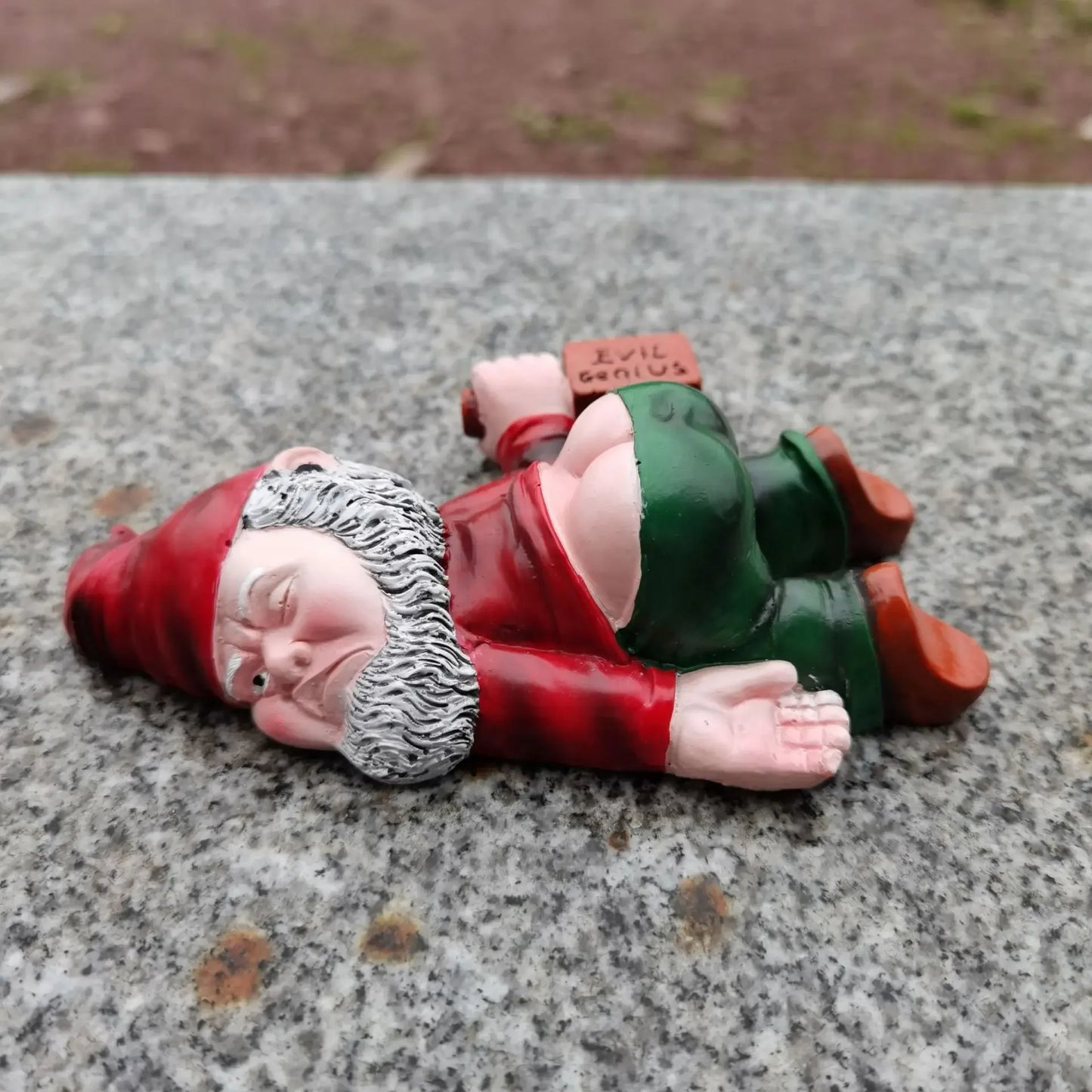Gnome figurine labeled 'Evil Genius' lying on a stone surface