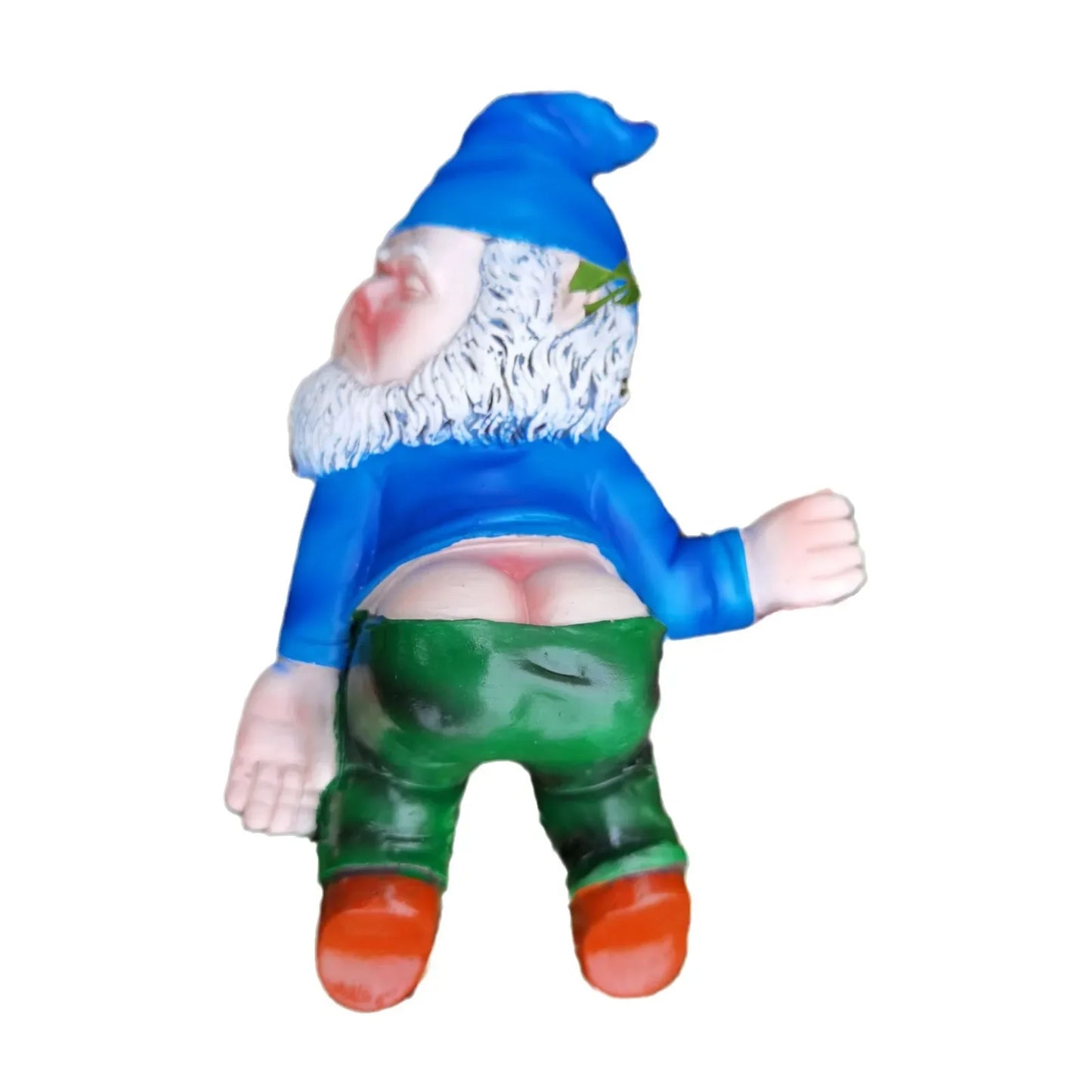 Gnome figurine with blue hat and green pants on a white background