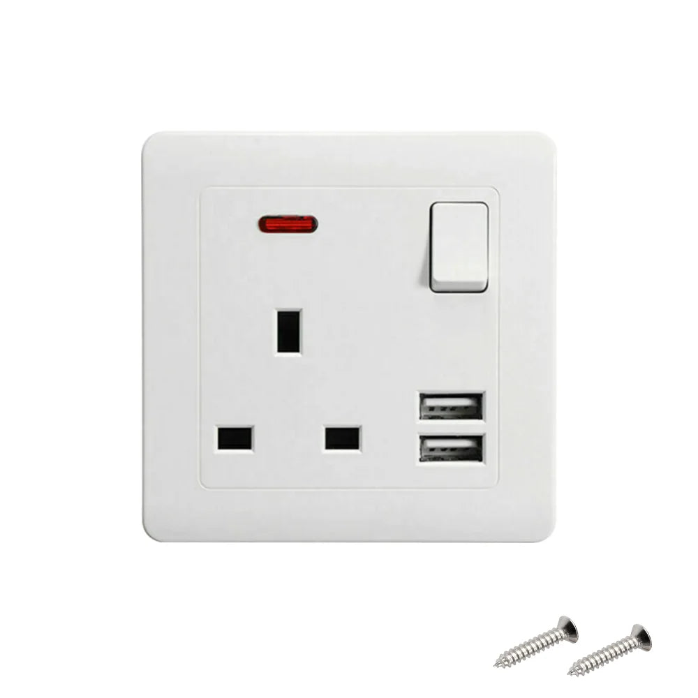 White electrical socket with USB ports and a switch on a white background