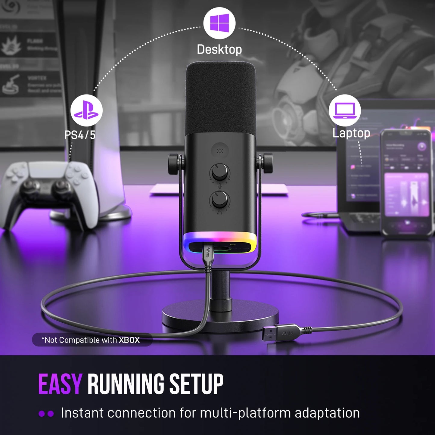 Microphone with cable on a desk with gaming equipment in the background, featuring text about easy setup for multiple platforms.