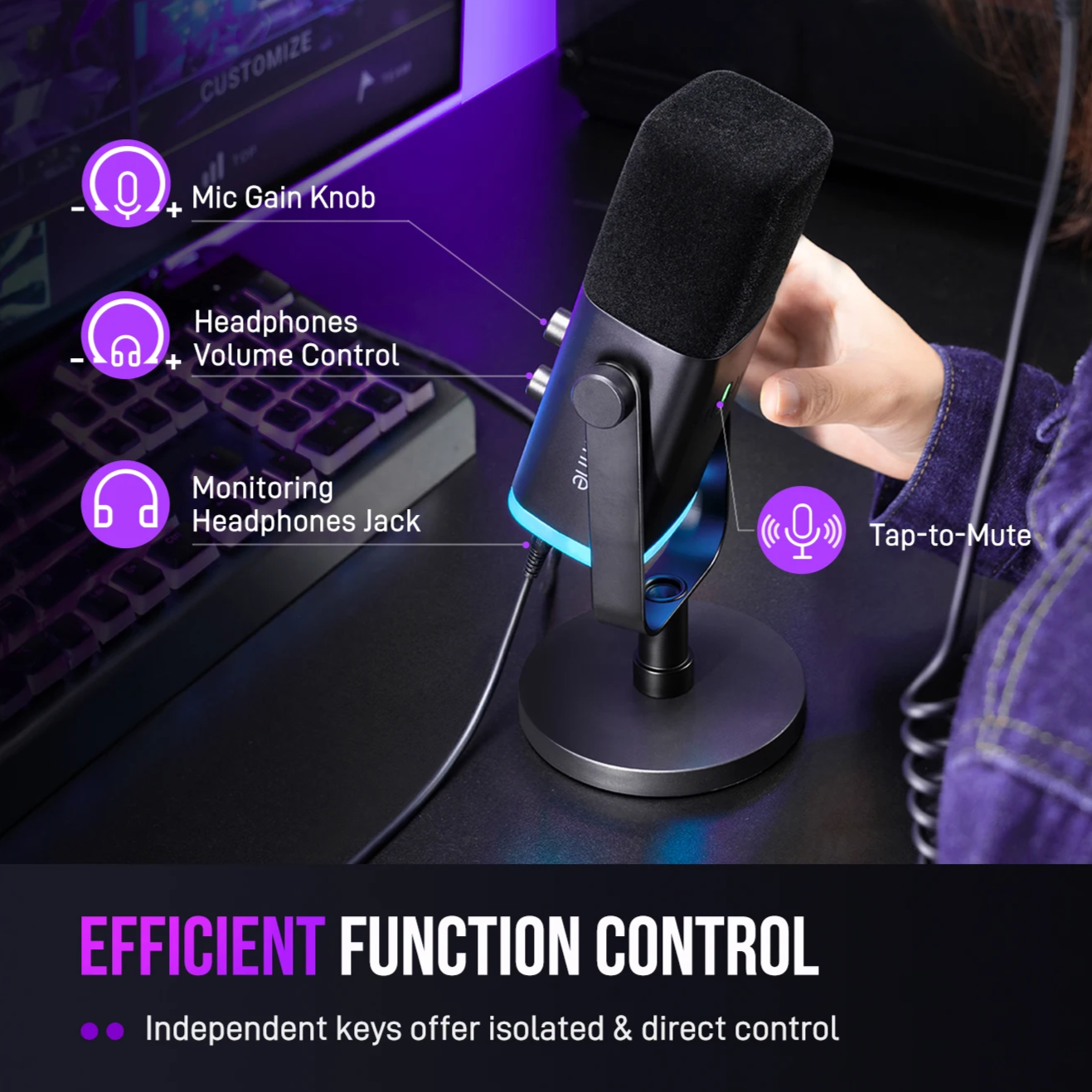 Microphone with control knobs on a desk setup, likely for a streaming or gaming setup.
