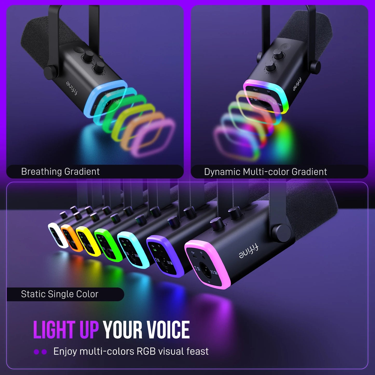 RGB microphone with color-changing light effects on a purple background