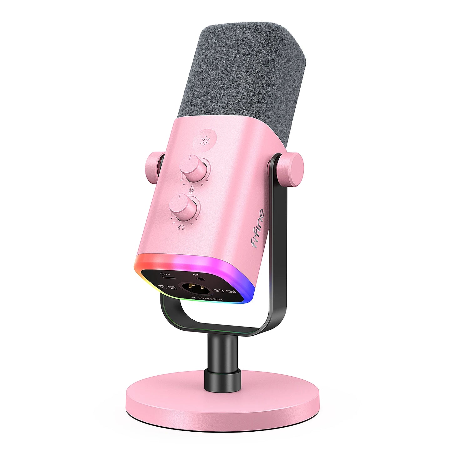 Pink microphone with RGB lighting on a white background