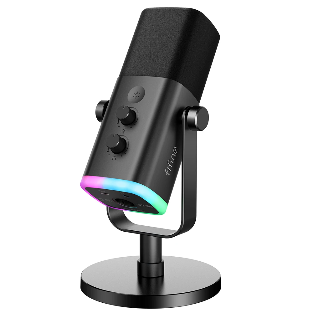 Black microphone with RGB lighting on a white background