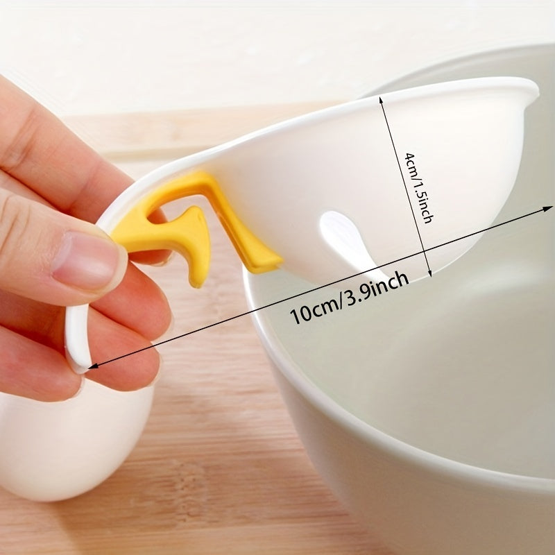 Measurement tool for eggs held over a white bowl on a wooden surface