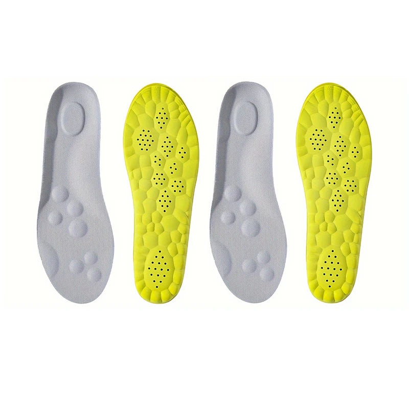 Two pairs of shoe insoles, one gray and one yellow, on a white background.