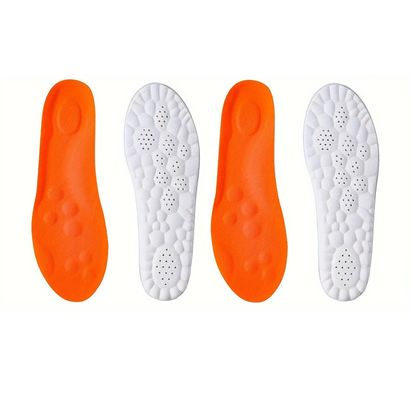 Two pairs of orange and white shoe insoles on a white background