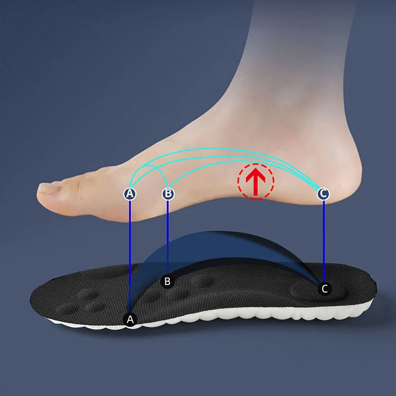 Foot with a shoe insole labeled for arch support on a dark background