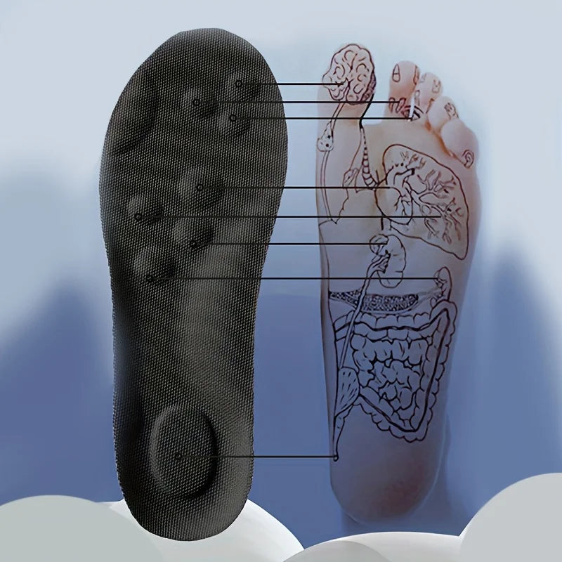 Black foot sole with anatomical diagram of a foot on a blue background