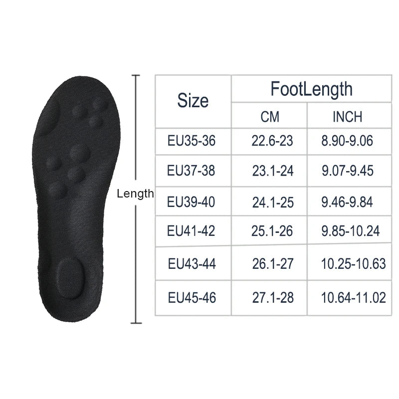 Black shoe sole with size and foot length measurement chart on a white background