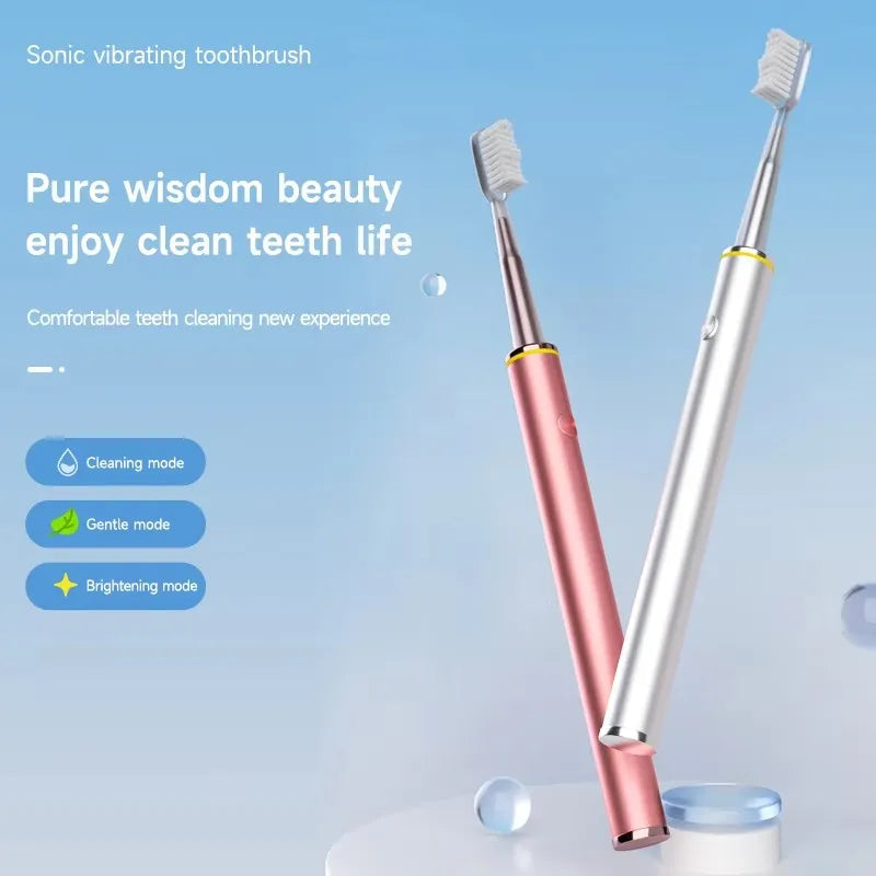 Two sonic vibrating toothbrushes on a light blue background with text about dental care.