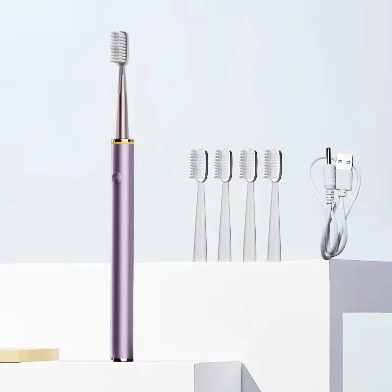 Purple electric toothbrush with four brush heads and a charging cable on a light blue background