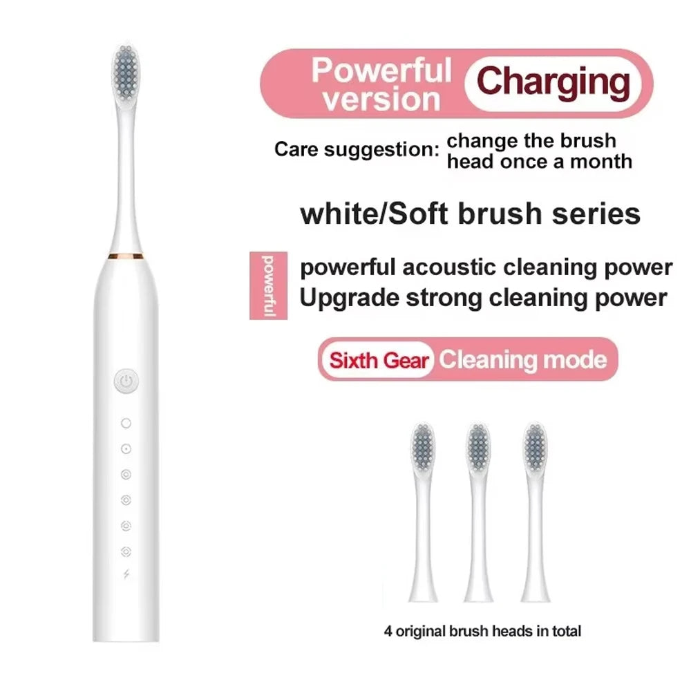Electric toothbrush with charging indication and brush heads on a white background