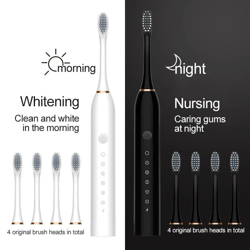 Two electric toothbrushes, one white and one black, with brush heads displayed below on a white background.
