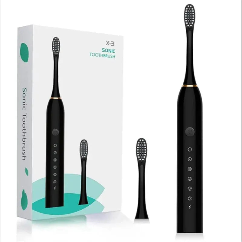 Black sonic toothbrush with packaging on a white background