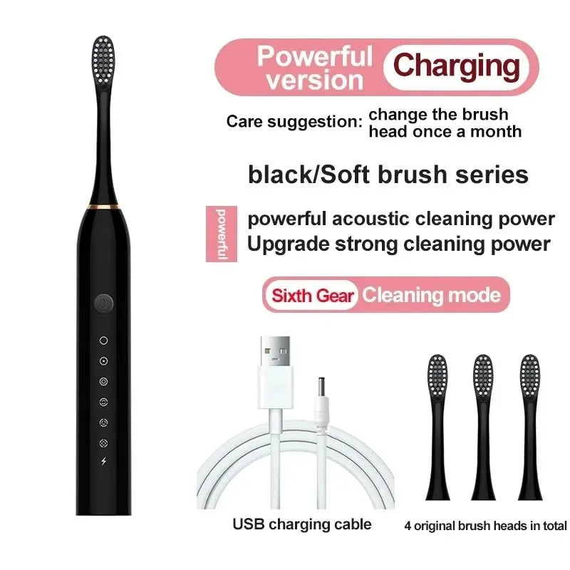 Black electric toothbrush with USB charging cable and brush heads on a white background