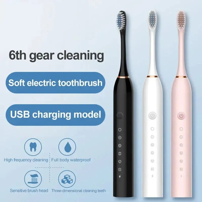 Three electric toothbrushes (black, white, pink) with text highlighting features on a light blue background.