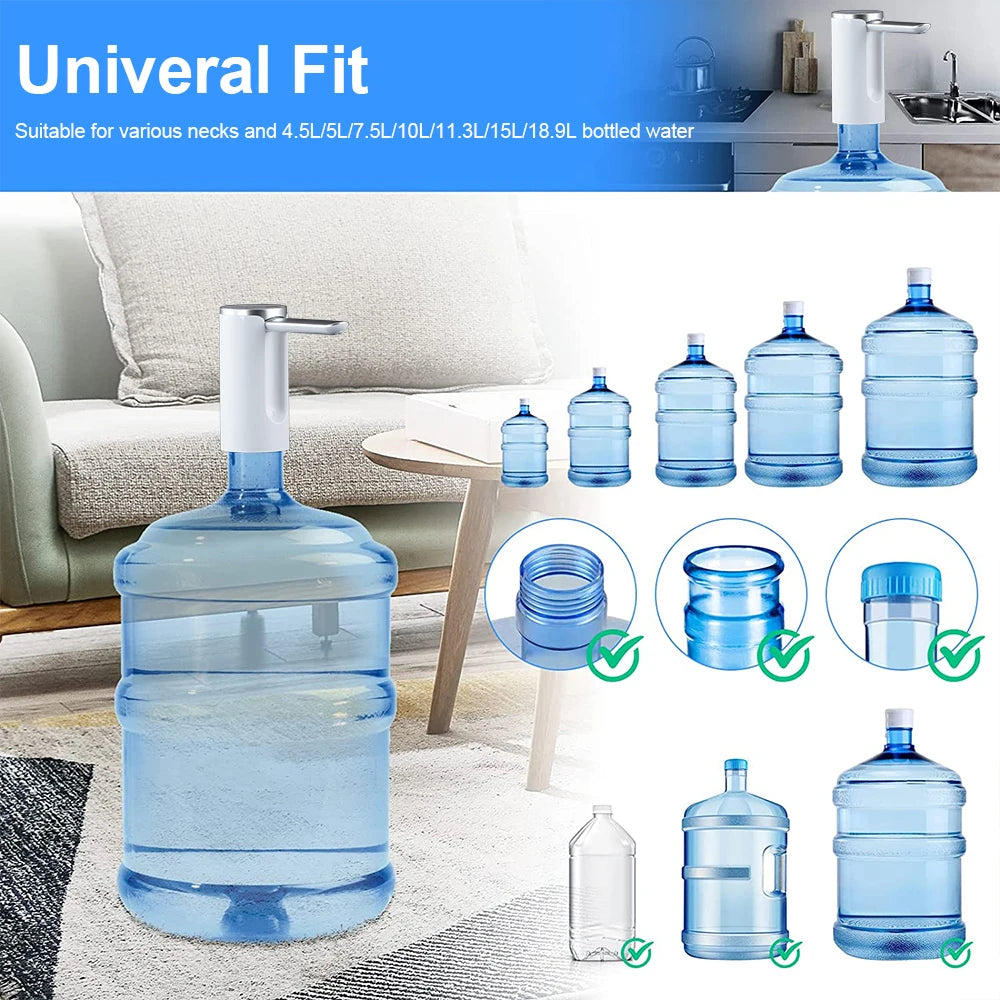 Large water bottle with pump in a living room setting, showing compatibility with various bottle sizes.