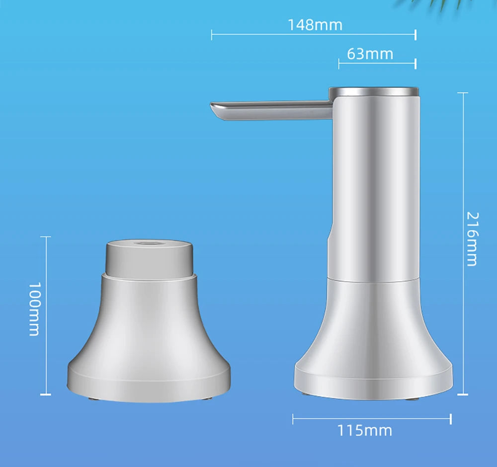 Silver faucet with dimensions labeled on a blue background