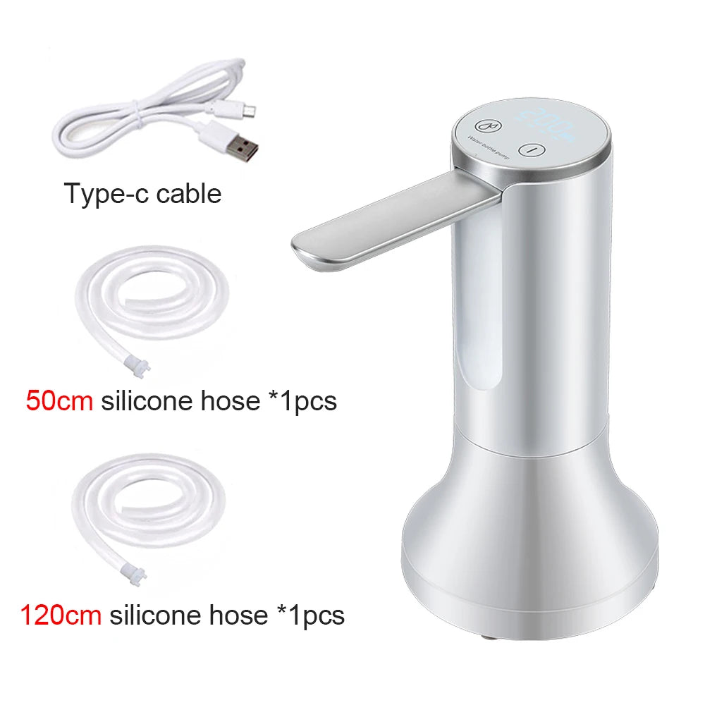 Silver faucet with USB cable and silicone hoses on a white background