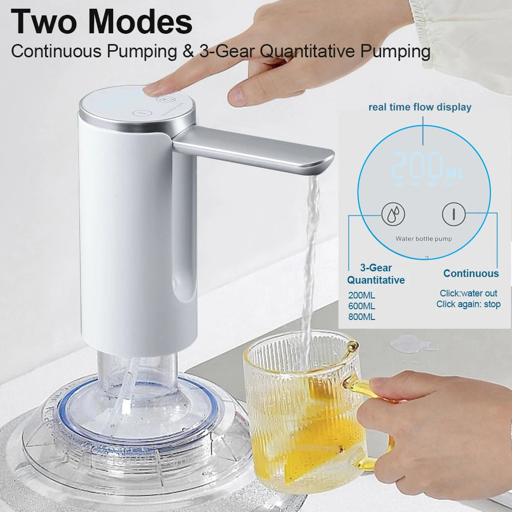 Hand pump dispensing water into a glass with text on modes and flow display.