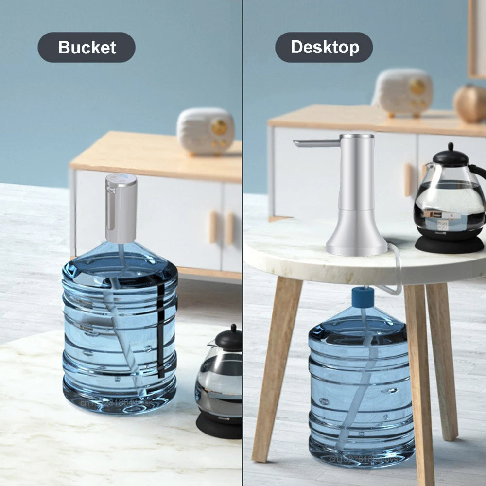 Comparison of a water container labeled 'Bucket' and 'Desktop' on a wooden table.