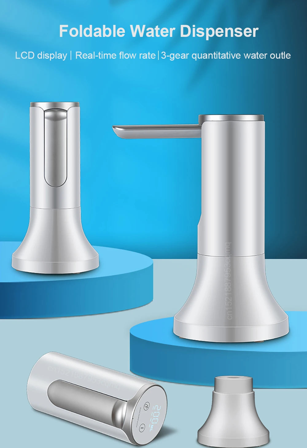 Foldable water dispenser with features listed on a blue gradient background