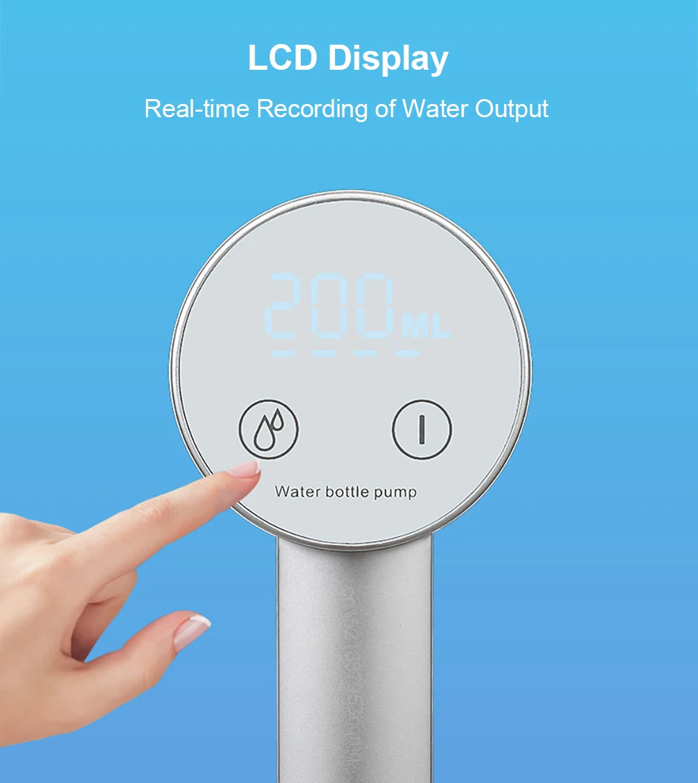 Handheld water pump with digital display on a blue background