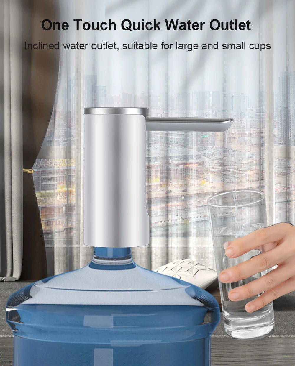 Blue water dispenser with inclined water outlet, suitable for large and small cups, against a blurred indoor background.