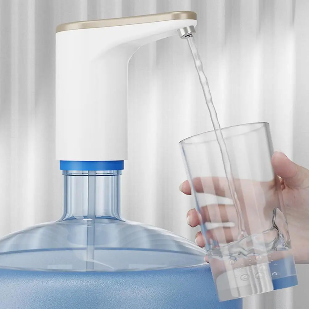 Water dispenser pouring water into a glass with a white curtain background