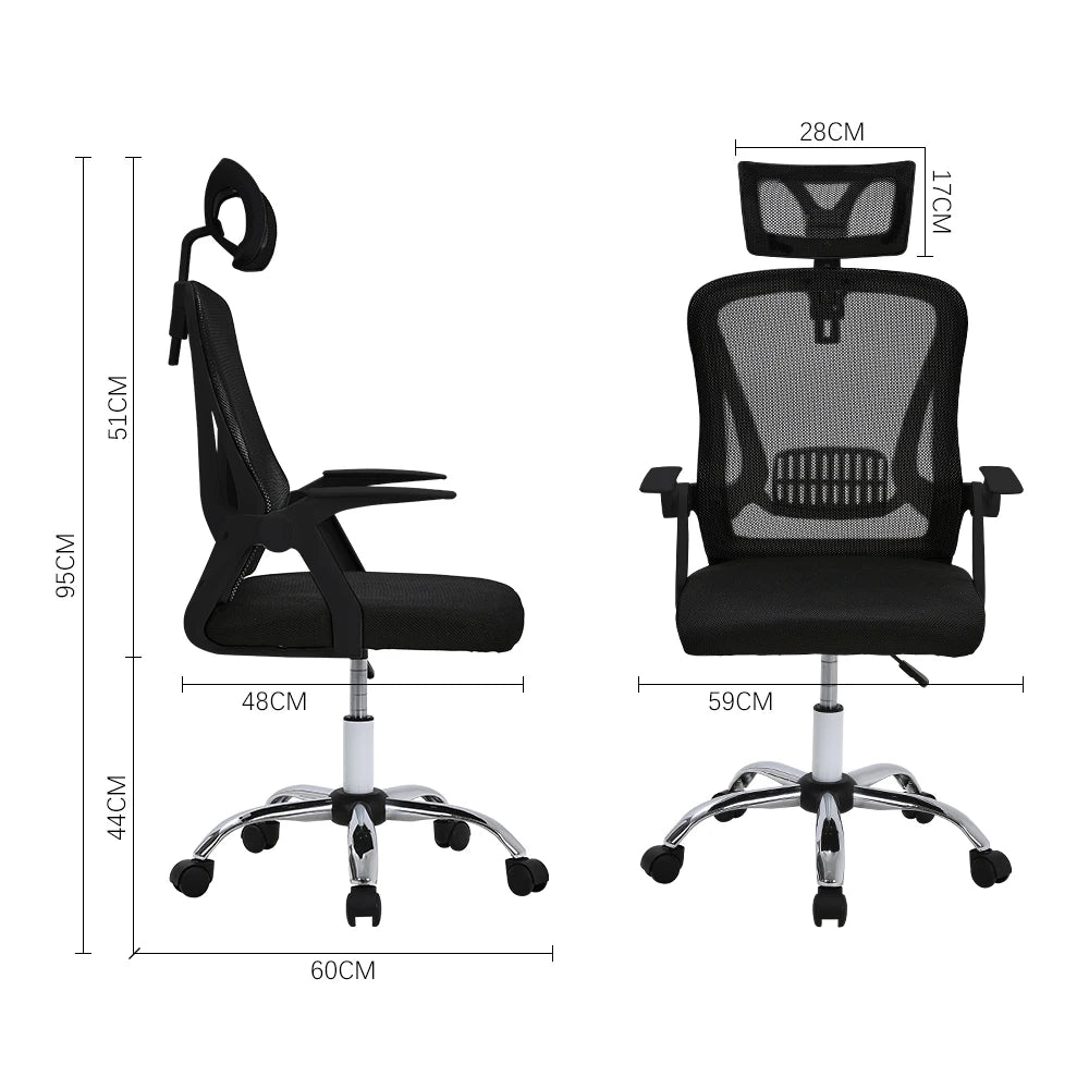 Black office chair with dimensions labeled on a white background
