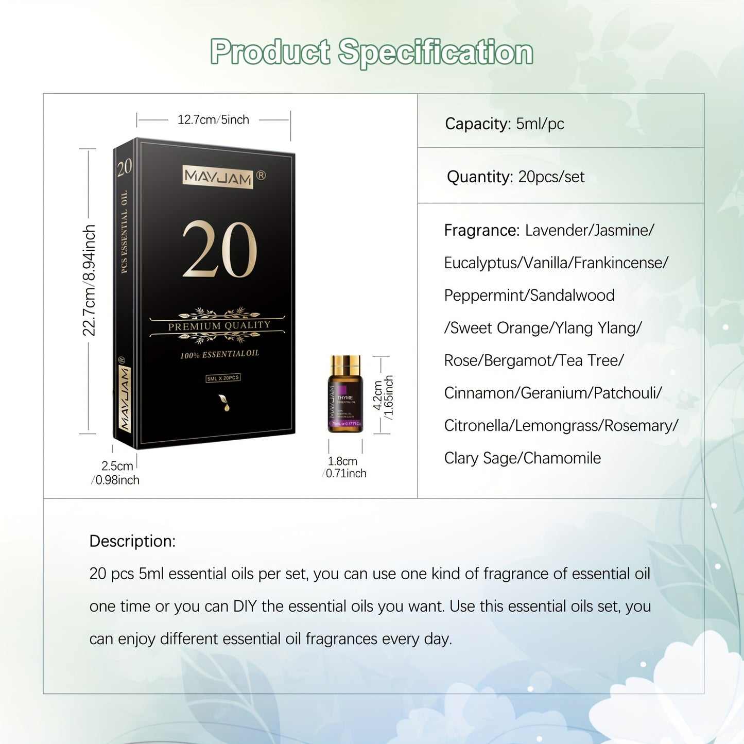 Product specification of Mavjam essential oils set with box and bottle on a light background
