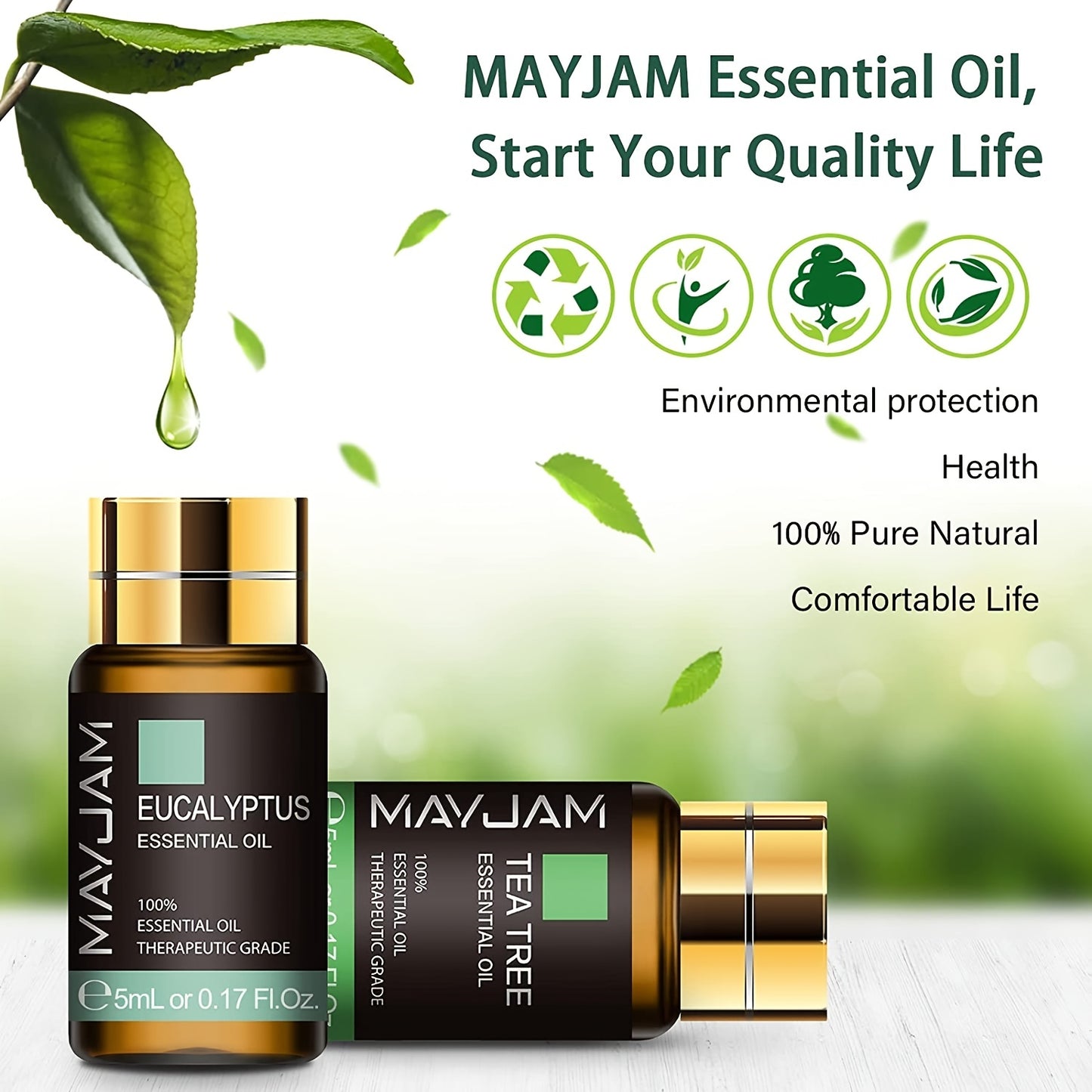 Two Mayjam essential oil bottles with green leaves and droplets on a light background.
