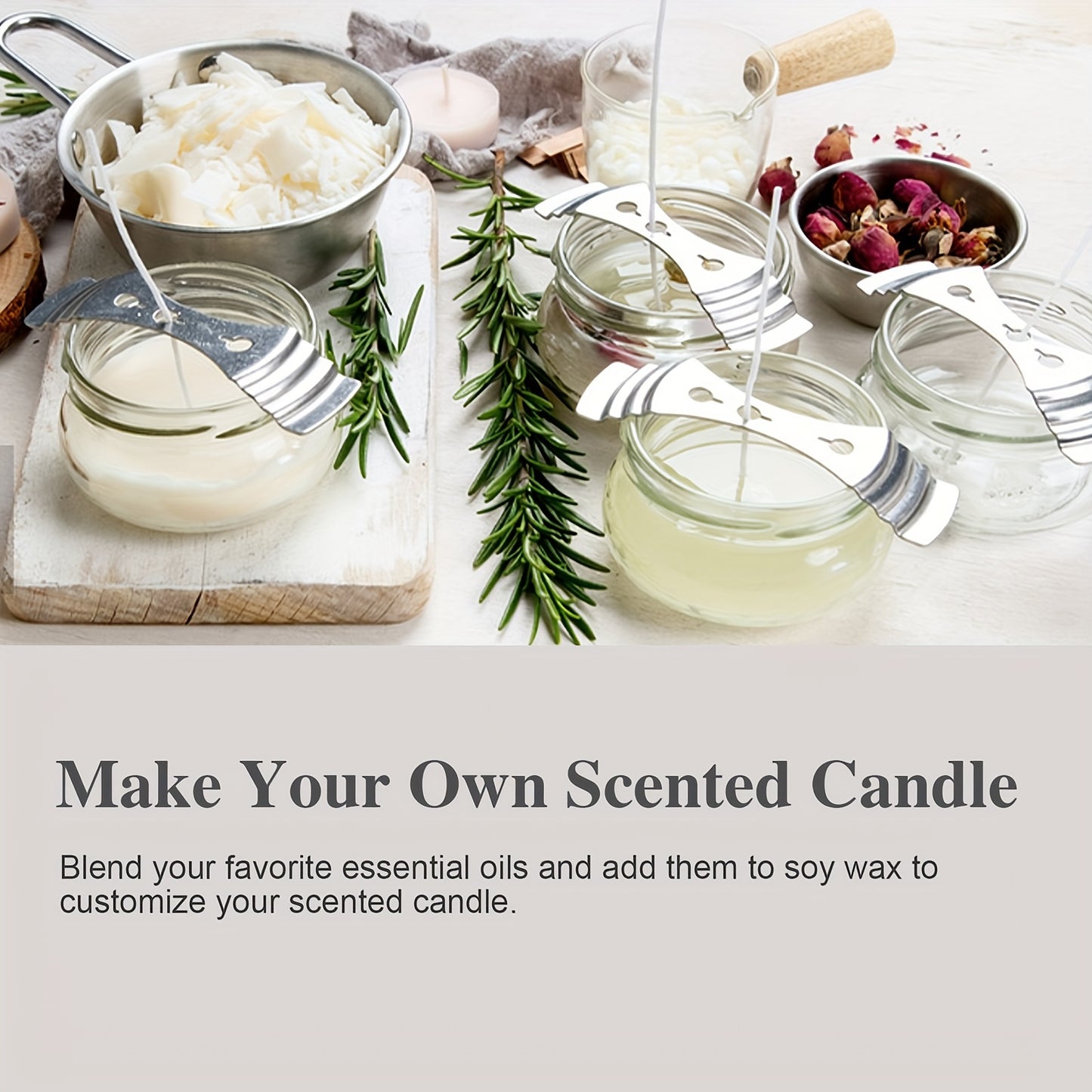 Candle-making setup with jars, wax, and essential oils on a white surface.