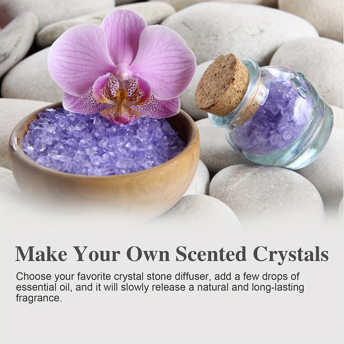 Purple crystal diffuser with orchid flower on pebbles