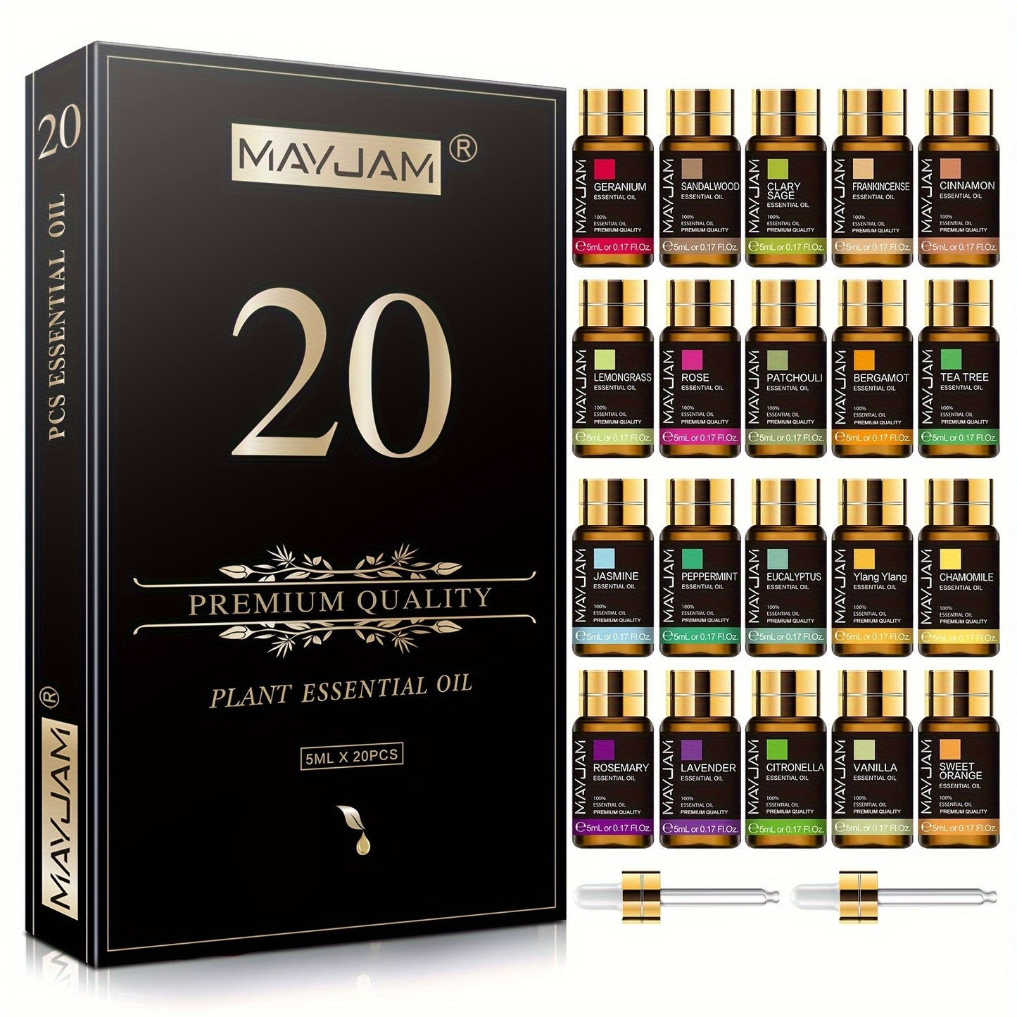 MayJam 20-piece premium quality plant essential oil set with black packaging and small bottles.