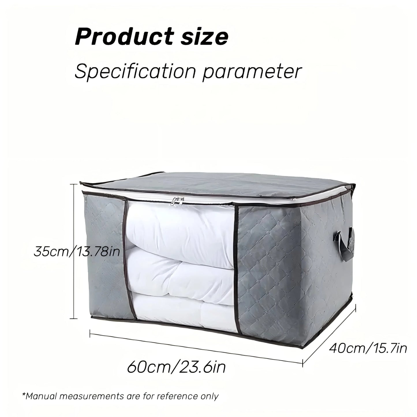 Storage bag with dimensions labeled on a white background
