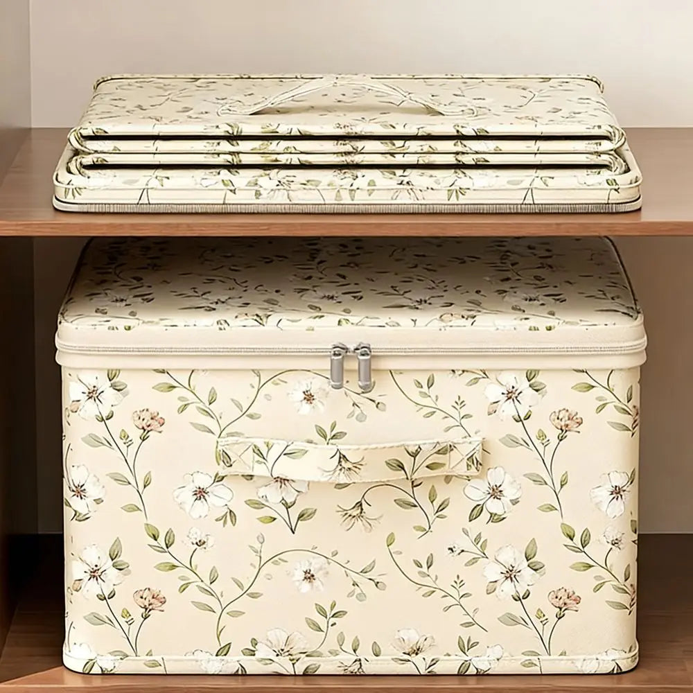 Floral-patterned storage box on a wooden surface