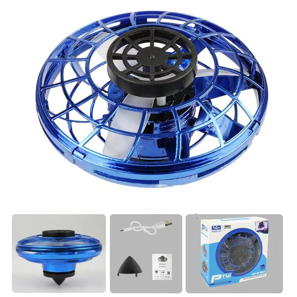 Blue handheld fan with packaging and accessories on a white background