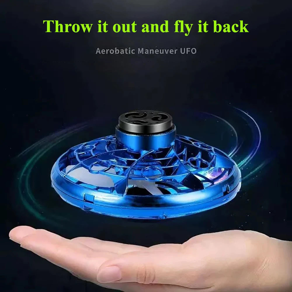 Blue UFO toy on a hand with text 'Throw it out and fly it back' on a dark background