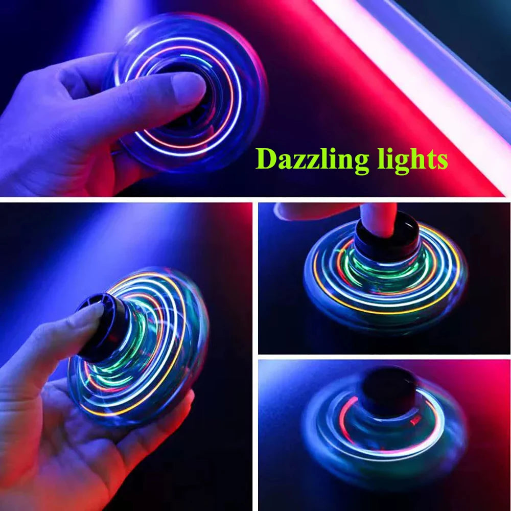 Fidget spinner with colorful lights being held by a hand, with text 'Dazzling lights' on a dark background.