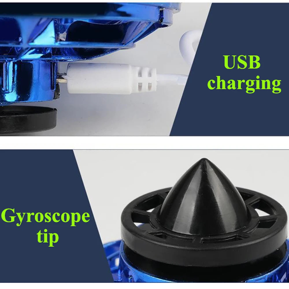 Close-up of a blue device with USB charging cable and gyroscope tip labeled.