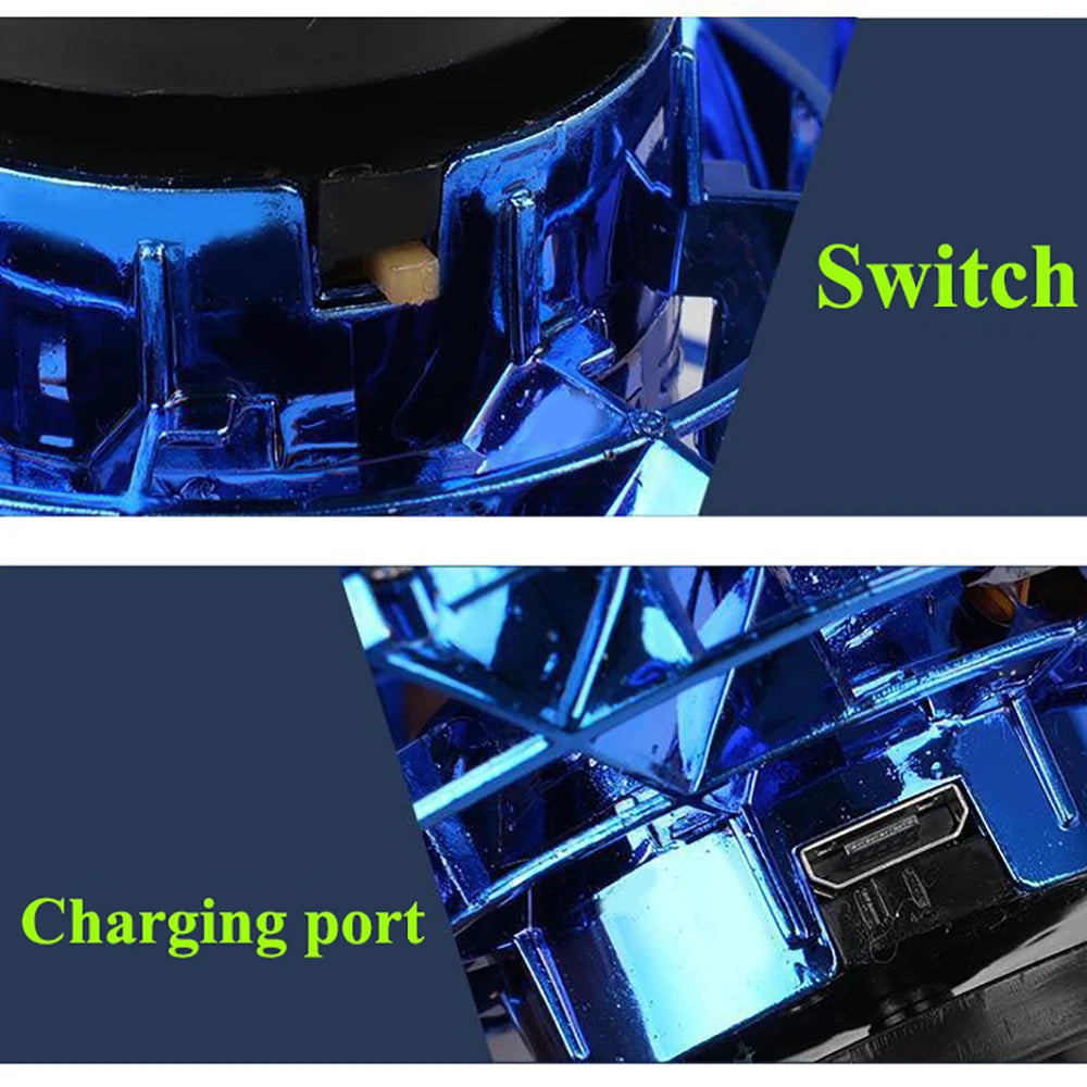 Close-up of a blue electronic device with switch and charging port labels.