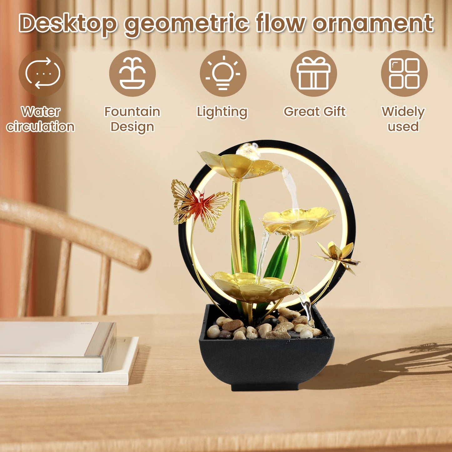 Desktop geometric flow ornament on a wooden surface with decorative elements.
