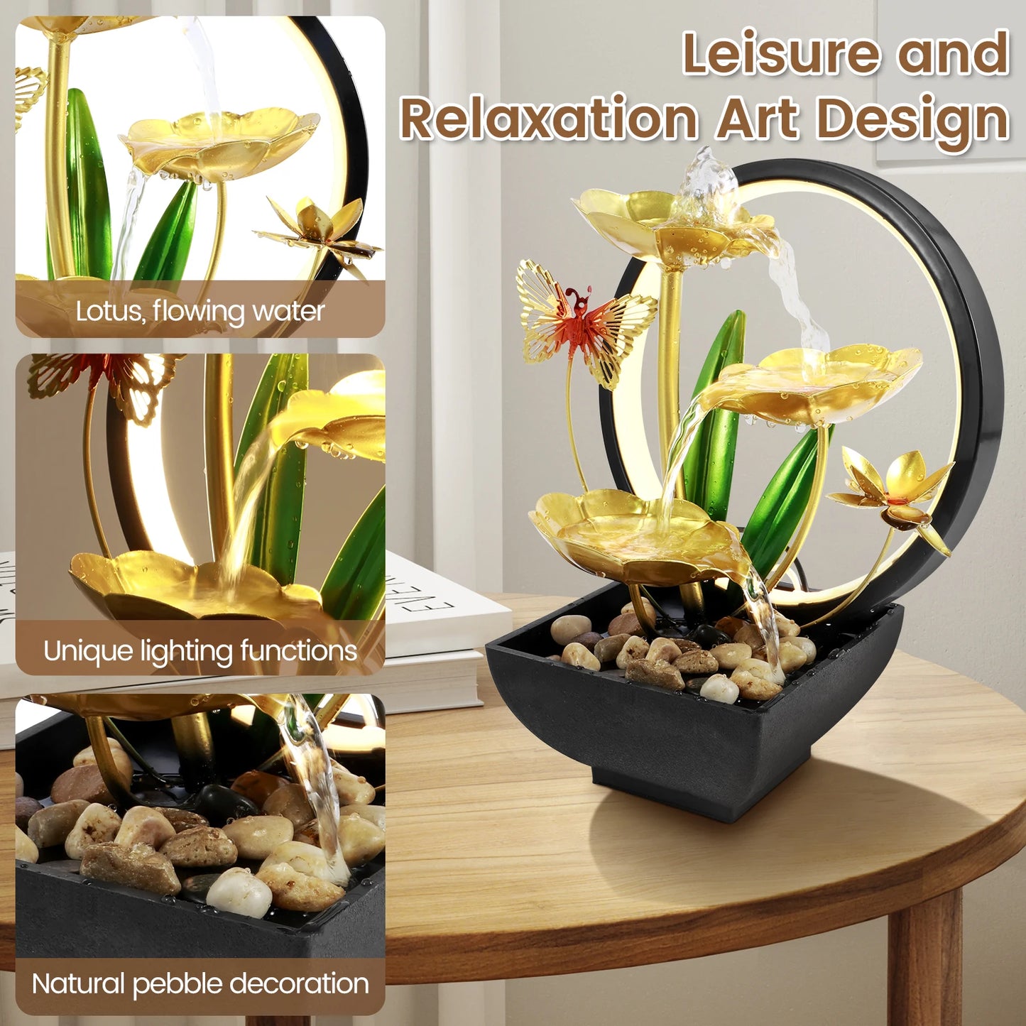 Decorative water fountain with lotus design on a table, featuring text on leisure and relaxation art design.