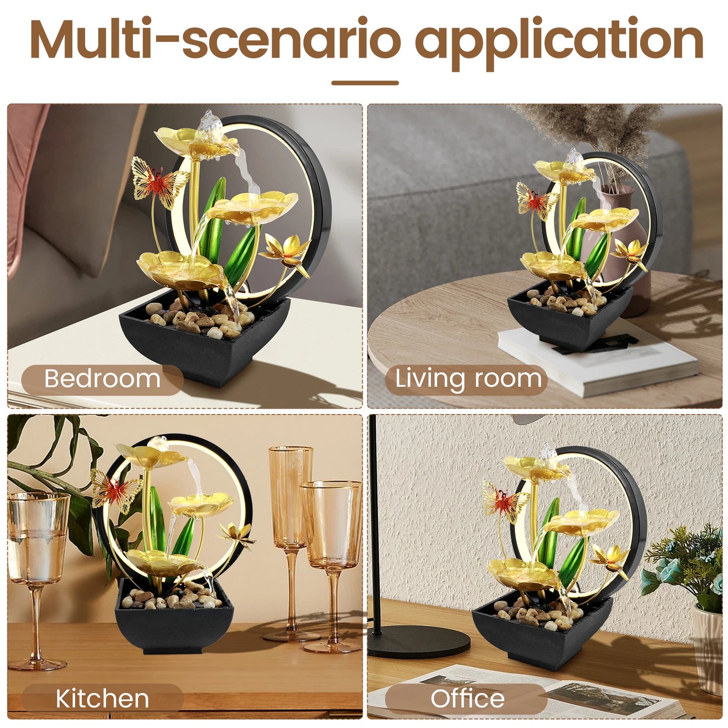 Decorative lamp with flowers in a black base shown in various settings including bedroom, living room, kitchen, and office.