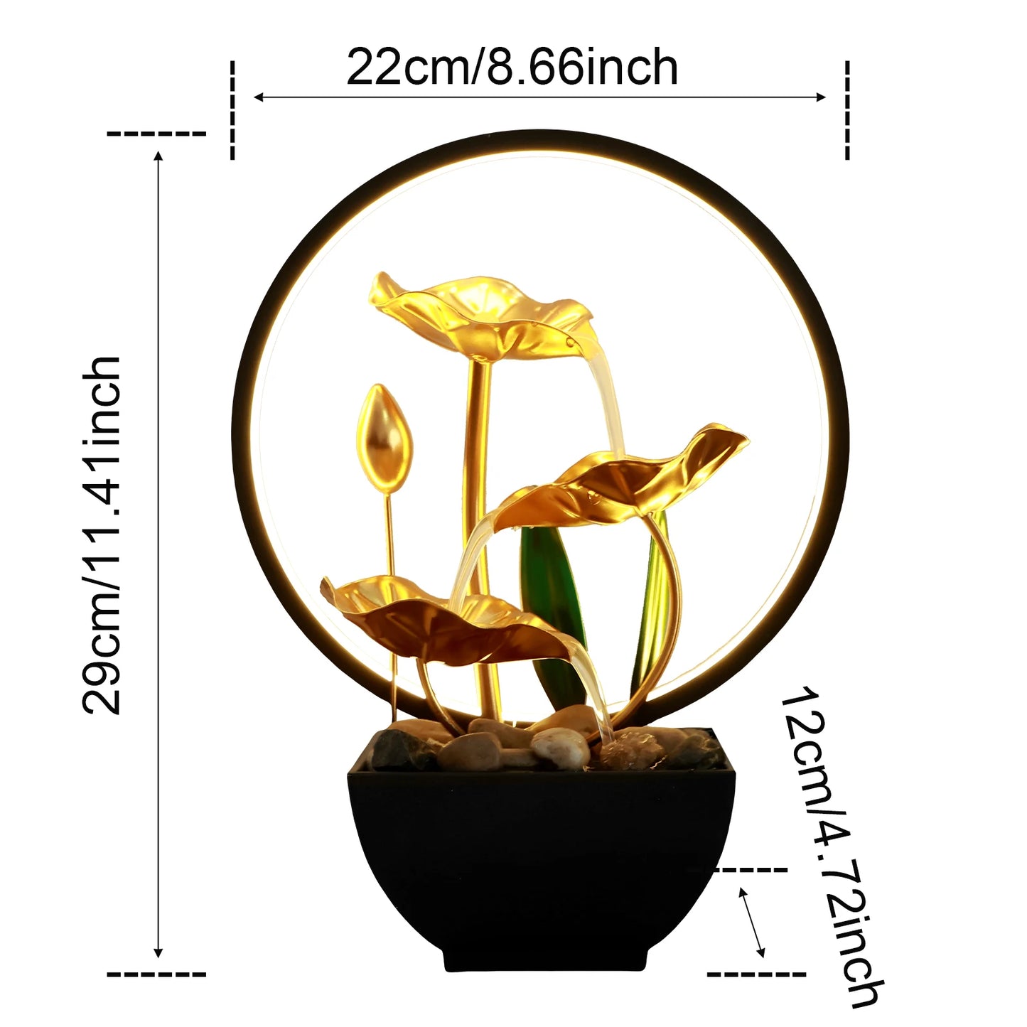 Decorative lamp with gold leaves and measurements on a white background
